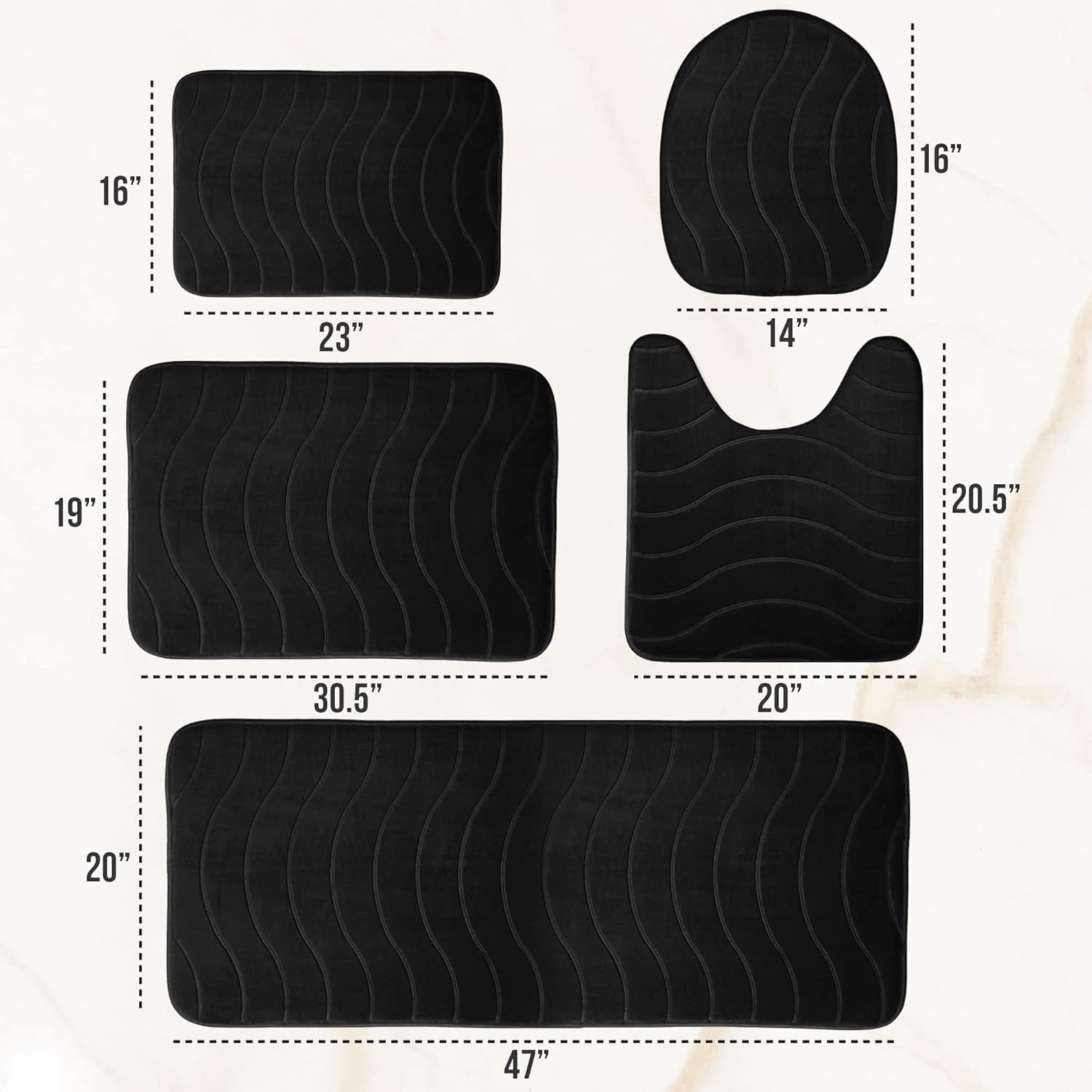 5-Piece Bathroom Rug Set - Memory Foam Bath Mat, Non-Slip, Machine Washable, Ultra-Soft, Water Absorbent, Black