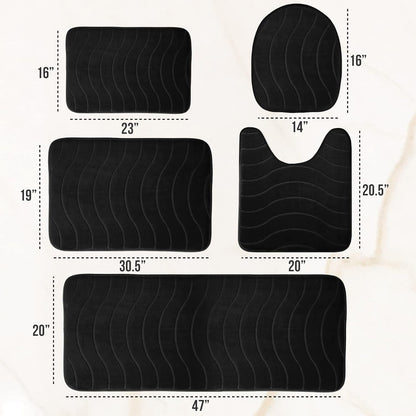 5-Piece Bathroom Rug Set - Memory Foam Bath Mat, Non-Slip, Machine Washable, Ultra-Soft, Water Absorbent, Black