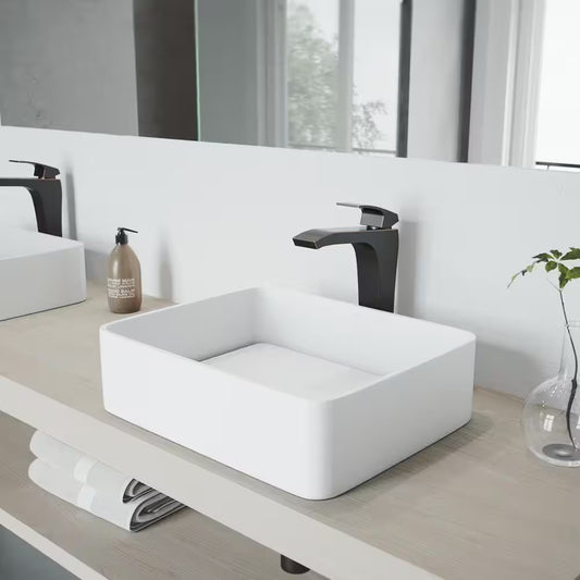 Jasmine Modern White Matte Stone 18 In. L X 15 In. W X 5 In. H Rectangular Vessel Bathroom Sink