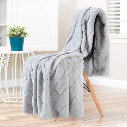 Premium Super Soft Emboss Faux Fur Silky Mink Throw Blanket - Luxurious Elegant Blanket for Sofa Chair Couch Bed & Living Room Decorative Royal Soft Reversible Blanket (50X65 Inches) Silver