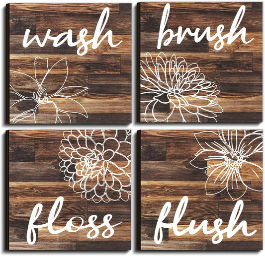4 Pieces Bathroom Wall Decor Farmhouse Bathroom Wall Art Pictures Decor Hanging Wooden Sign Vintage Rustic Plaque 5.9 X 5.9 Inches Unframed for Home Spa Office Kitchen(Brown)