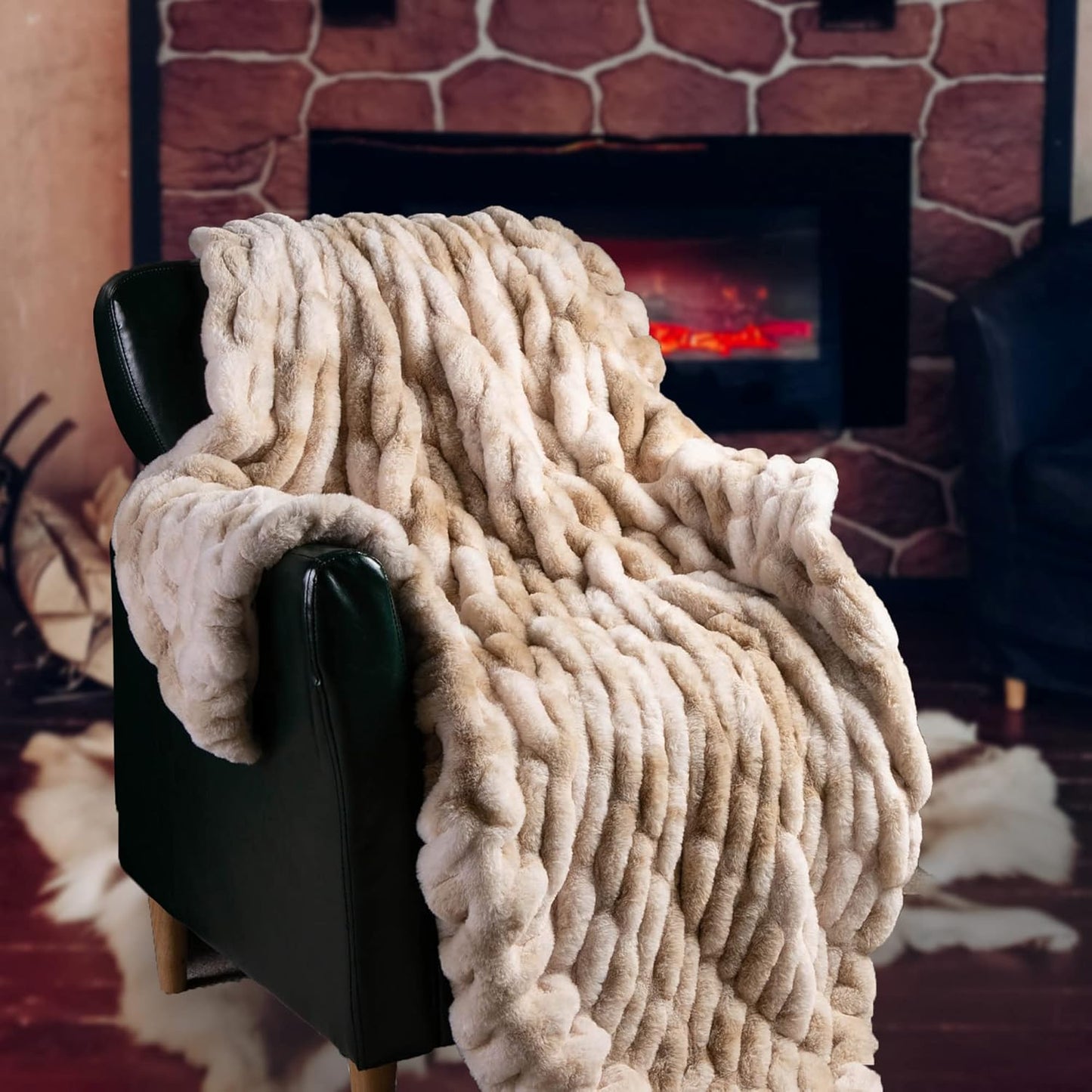 Ruched Luxurious Soft Beige Faux Fur Throw Blanket Fuzzy Plush Elegant with Reversible Mink Blanket for Sofa,Chair, Couch, Living Room, Home Decorative Blanket Tie Dye (Beige, 50"X60")