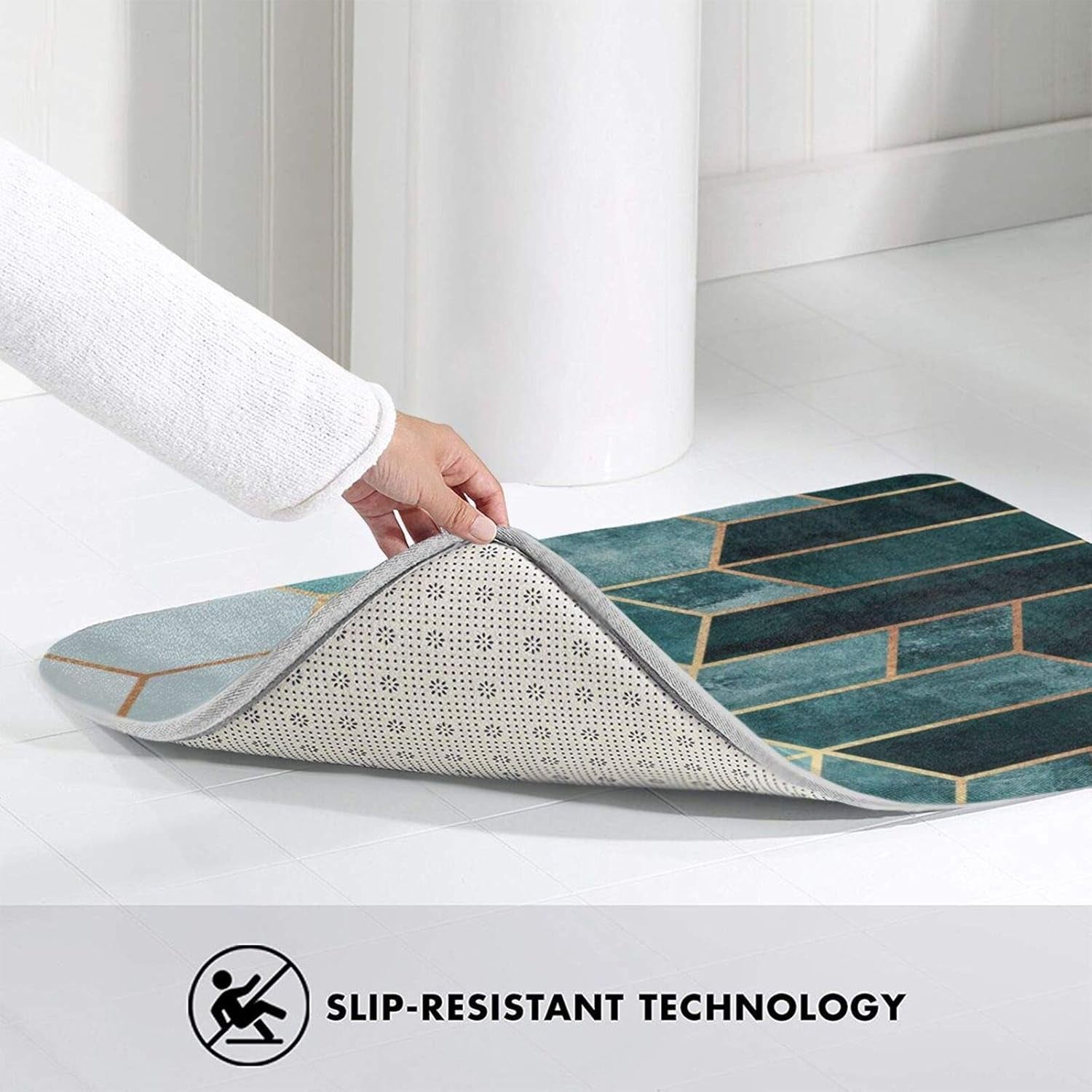 Bath Mat Modern Bathroom Mat Non Slip Absorbent Super Cozy Velvet Bathroom Rug Teal Hexagons Carpet 16" X 24" Bathroom Rug Mat for Bathroom