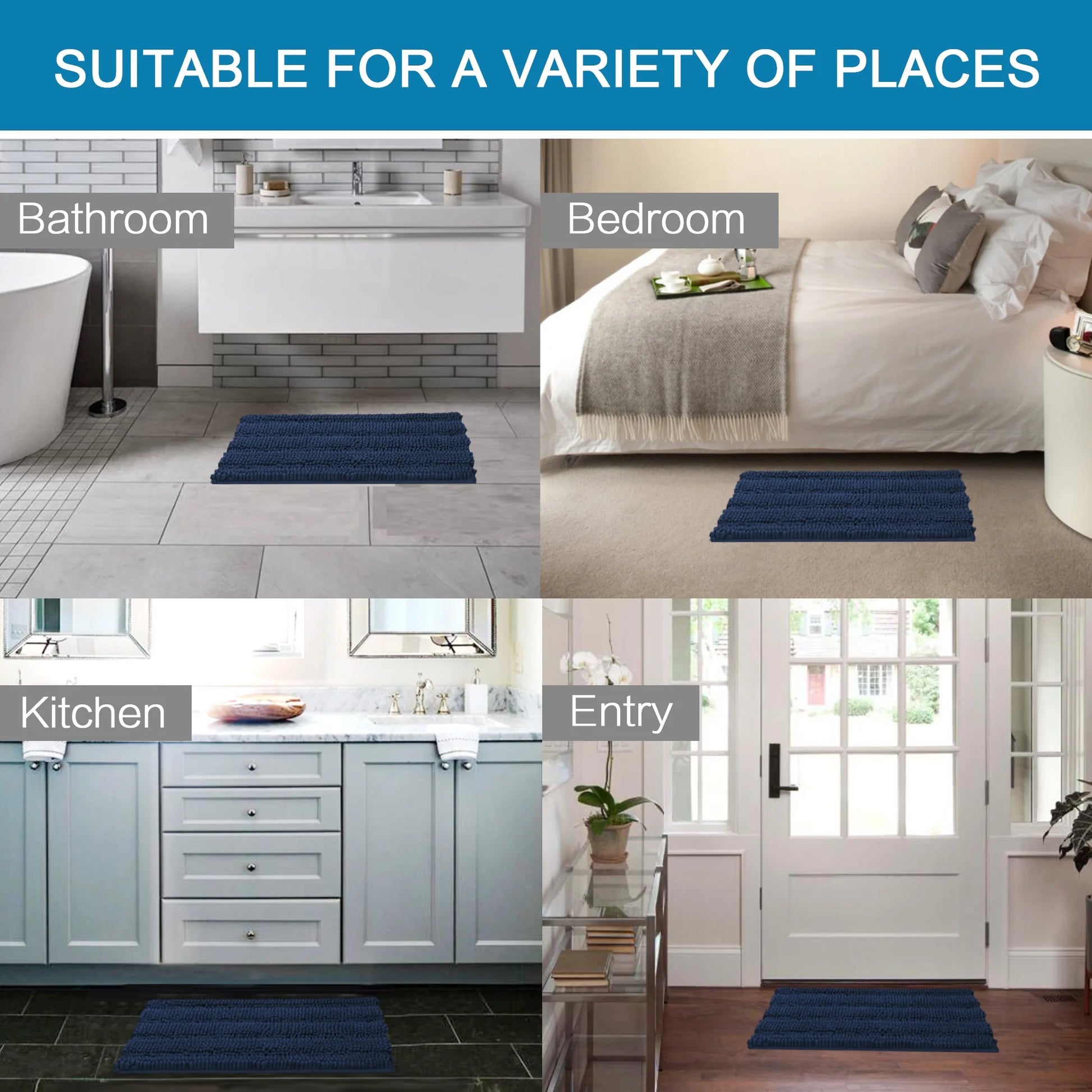 Chenille Shaggy Rug Collection Contemporary Solid Print Navy Microfiber Polyester Bath Rugs, 20" X 32" plus 17" X 24", Machine Washable, 2 Count