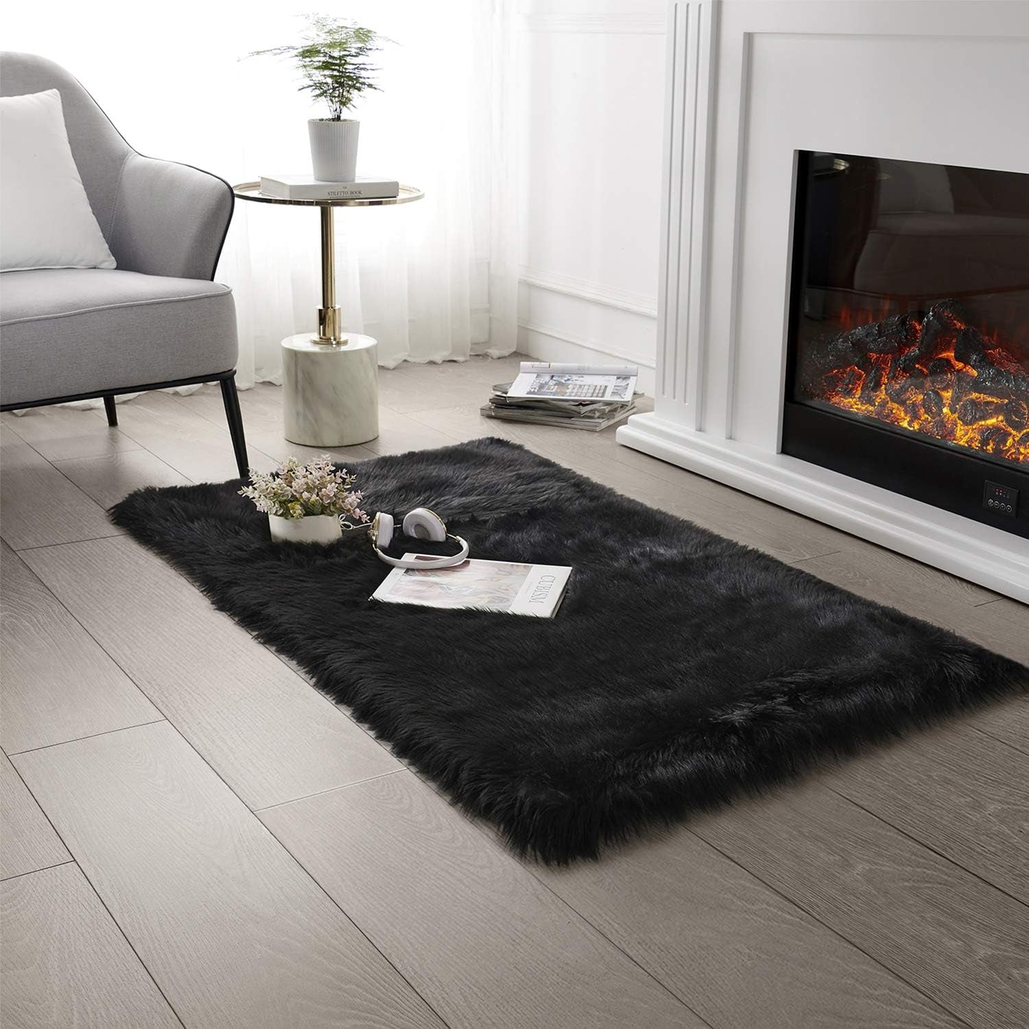 Ultra Soft Faux Fur Area Rug Black Fluffy Rug Plush Chair Cover Seat Pad Fuzzy Carpet Furry beside Rugs for Bedroom Floor Sofa Living Room 2X4 Feet (Rectangular,Black)