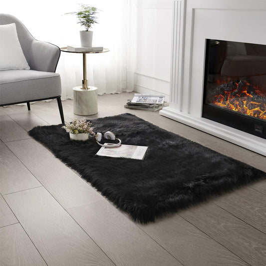 Ultra Soft Faux Fur Area Rug Black Fluffy Rug Plush Chair Cover Seat Pad Fuzzy Carpet Furry beside Rugs for Bedroom Floor Sofa Living Room 2X4 Feet (Rectangular,Black)