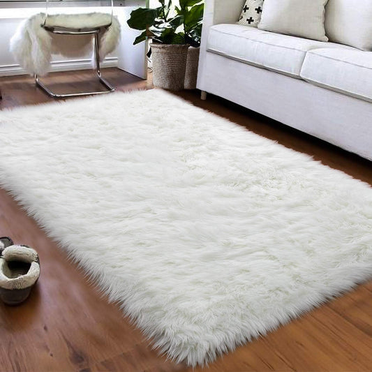Fluffy Faux Fur Sheepskin Rugs Luxurious Wool Area Rug for Kids Room Bedroom Bedside Living Room Office Home Decor Carpet (3Ft X 5Ft, White)