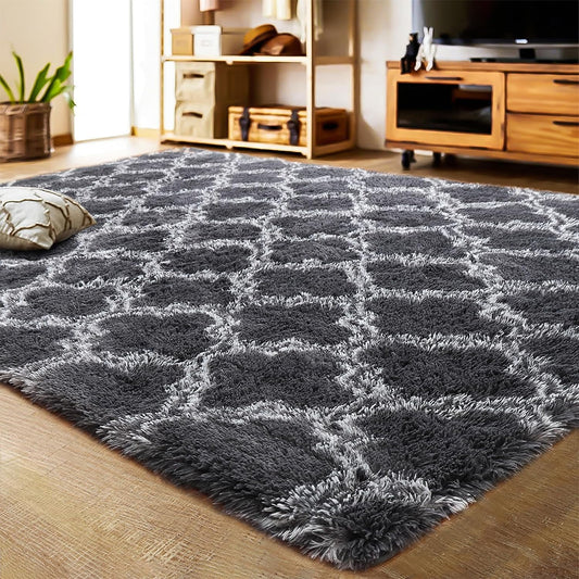 Shag Geometric Area Rug Plush Fluffy Rugs Soft Moroccan Carpets for Bedroom Living Room Home Decor Mat,6'X9',Dark Gray/White