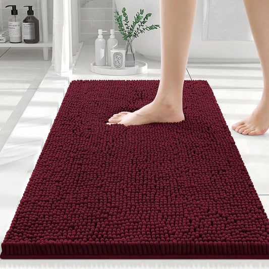 Luxury Chenille Bathroom Rugs, Extra Soft and Absorbent Bath Mat, Wine Red, 16"X24"