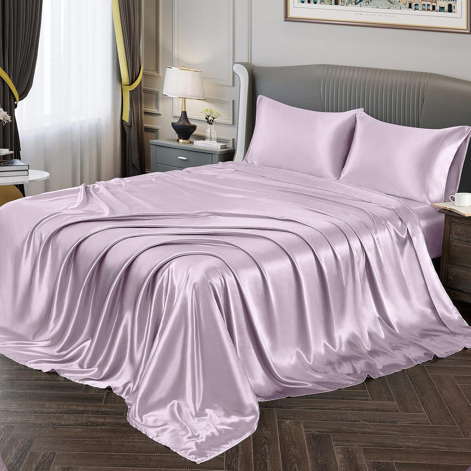 Satin Sheets Full Size Set - Luxury Lavender Satin Sheet Set, Fitted with Deep Pockets + Flat Sheet + 2 Pillowcases