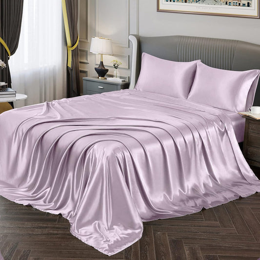 Satin Sheets Full Size Set - Luxury Lavender Satin Sheet Set, Fitted with Deep Pockets + Flat Sheet + 2 Pillowcases