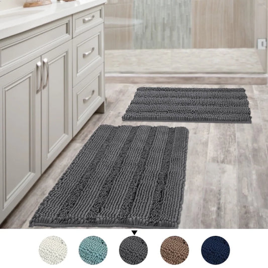 Vibrant Striped Bath Rug, Absorbent, Machine Washable, Pack of 2 (20"" X 32""/17"" X 24"") Gray