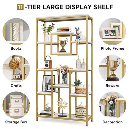Frailey 71 In. Gold White Tall 11-Tier Large Open Display Bookshelf Geometric Cubed Bookcase Modern Storage Home Office