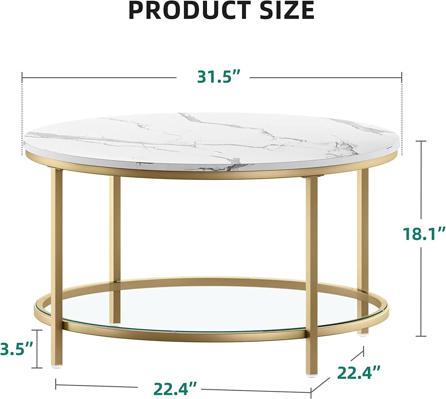 Dexturs 2-Tier round Coffee Table Marble Center Cocktail Table with Glass Open Storage Shelf, White