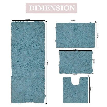 Modesto Bath Rug 100% Cotton Bath Rugs Set, 4-Pcs Set with Runner, Blue
