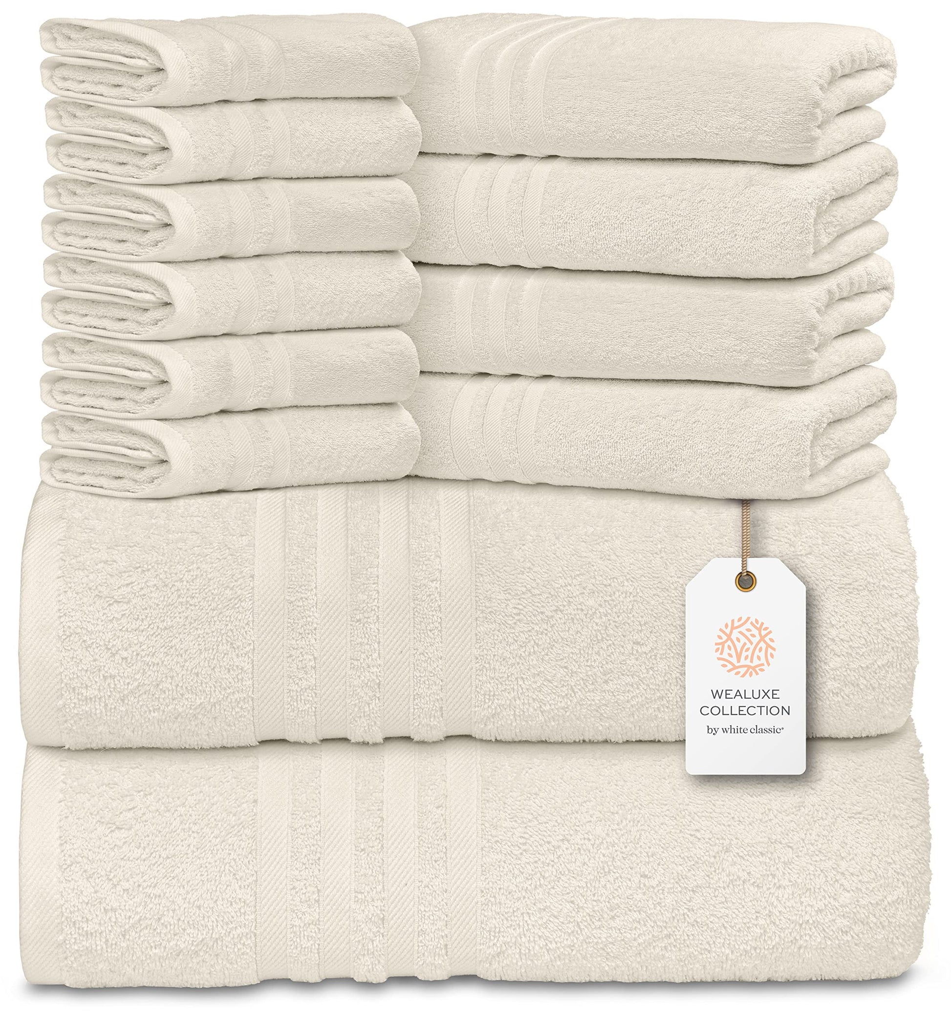 12 Piece Bath Towel Set for Bathroom - Wealuxe Collection 2 Bath Towels, 4 Hand Towels, 6 Washcloths 100% Cotton Soft and Plush Highly Absorbent, Soft Towel for Hotel & Spa - Ivory