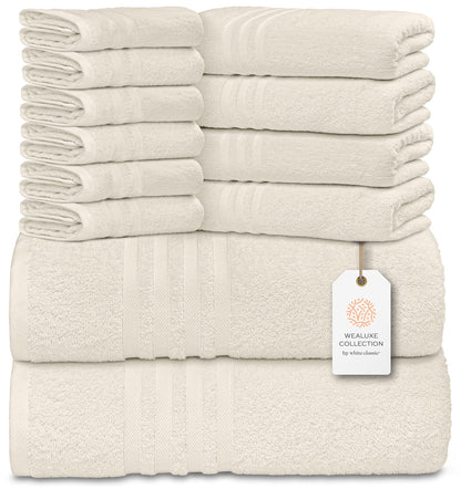 12 Piece Bath Towel Set for Bathroom - Wealuxe Collection 2 Bath Towels, 4 Hand Towels, 6 Washcloths 100% Cotton Soft and Plush Highly Absorbent, Soft Towel for Hotel & Spa - Ivory