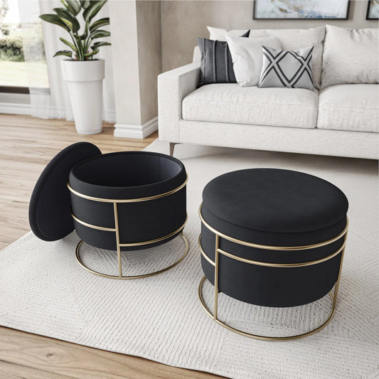 Elegant Velvet round Ottoman with Gold Frame and Storage, Black