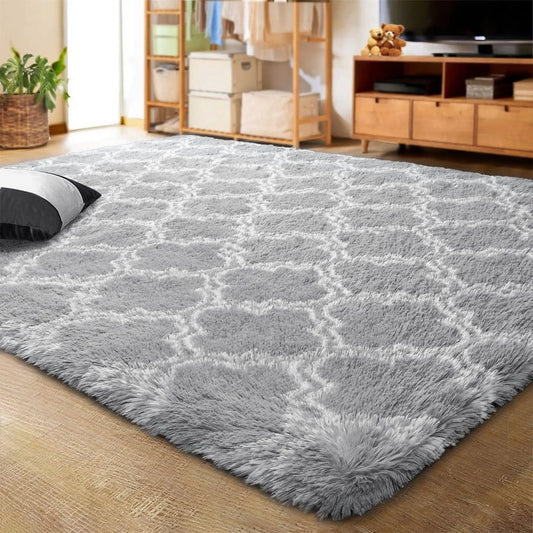 Shag Area Rug Modern Indoor Plush Fluffy Rugs Geometric Moroccan Rugs for Bedroom Living Room Nursery Home Decor,5X8Ft,Light Grey/White