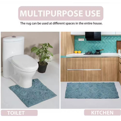 Modesto Bath Rug 100% Cotton Bath Rugs Set, 3-Pcs Set with Contour, Blue