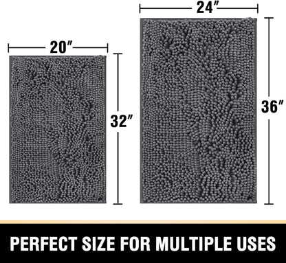 Bath Mats - Non Slip Luxury Chenille Bathroom Rugs, Extra Soft Absorbent Shaggy, Washable Fast Dry 2 Piece (Grey, 24" X 36"/20" X 32")