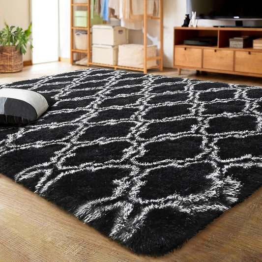 Shag Area Rug Geometric Plush Fluffy Rugs Soft Moroccan Carpet for Bedroom Living Room Floor Mat Home Decor,4X6Ft,Black/White