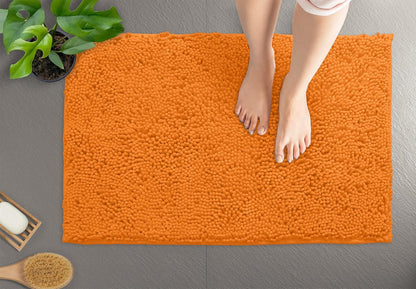 Orange Bathroom Rugs Chenille 2-Piece Bath Mat Set, Soft Plush Bath Rug +Toilet Mat.1'' Microfiber Shaggy Carpet, Super Absorbent Machine Washable - Square Curved Set (20”X 30” + 20”X20” U, Orange)