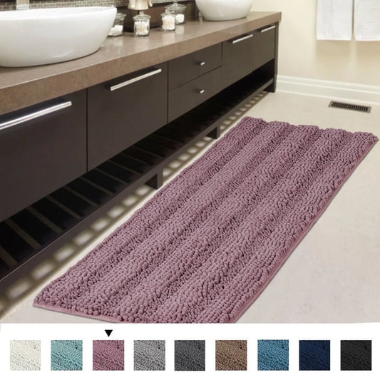 Bath Rug Runner Slip-Resistant Washable Striped Pattern Large Chenille Shaggy Bath Mat Runner Extra Soft and Absorbent Indoor Bath Mat for Bathroom, 47 Inch by 17 Inch - Mauve