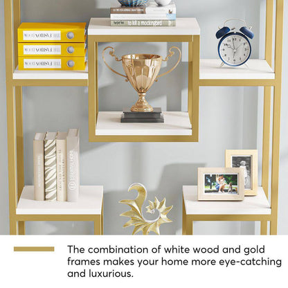 Frailey 71 In. Gold White Tall 11-Tier Large Open Display Bookshelf Geometric Cubed Bookcase Modern Storage Home Office