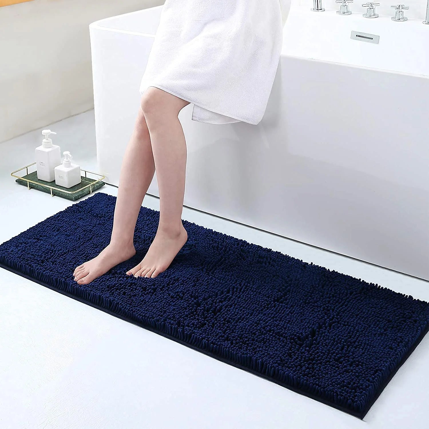 Luxury Chenille Bathroom Rugs, Extra Soft and Absorbent Bath Mat, Navy Blue, 17"X47"