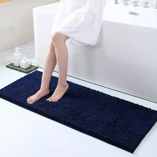 Luxury Chenille Bathroom Rugs, Extra Soft and Absorbent Bath Mat, Navy Blue, 17"X47"