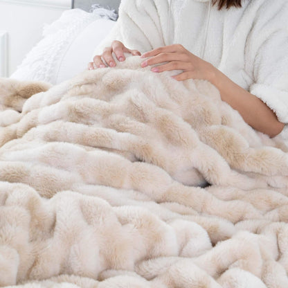 Ruched Luxurious Soft Beige Faux Fur Throw Blanket Fuzzy Plush Elegant with Reversible Mink Blanket for Sofa,Chair, Couch, Living Room, Home Decorative Blanket Tie Dye (Beige, 50"X60")