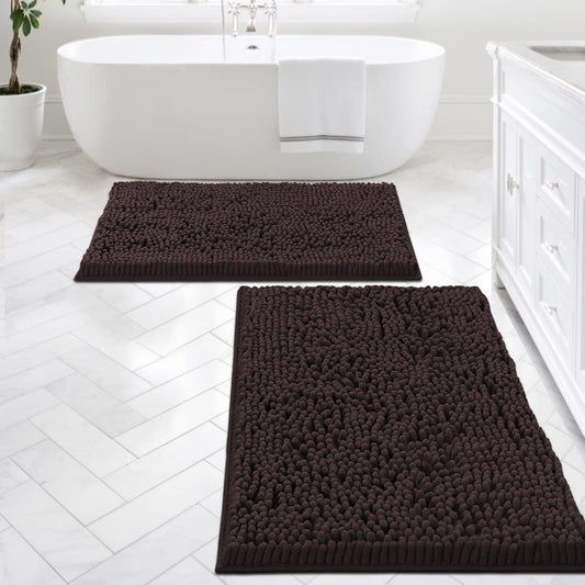 Bathroom Rugs Bath Mats for Bathroom Non Slip Luxury Chenille Bathroom Rugs Extra Soft Absorbent Shaggy Bathroom Mat Rugs Washable Fast Dry 2 Piece (Chocolate, 24" X 36"/20" X 32")