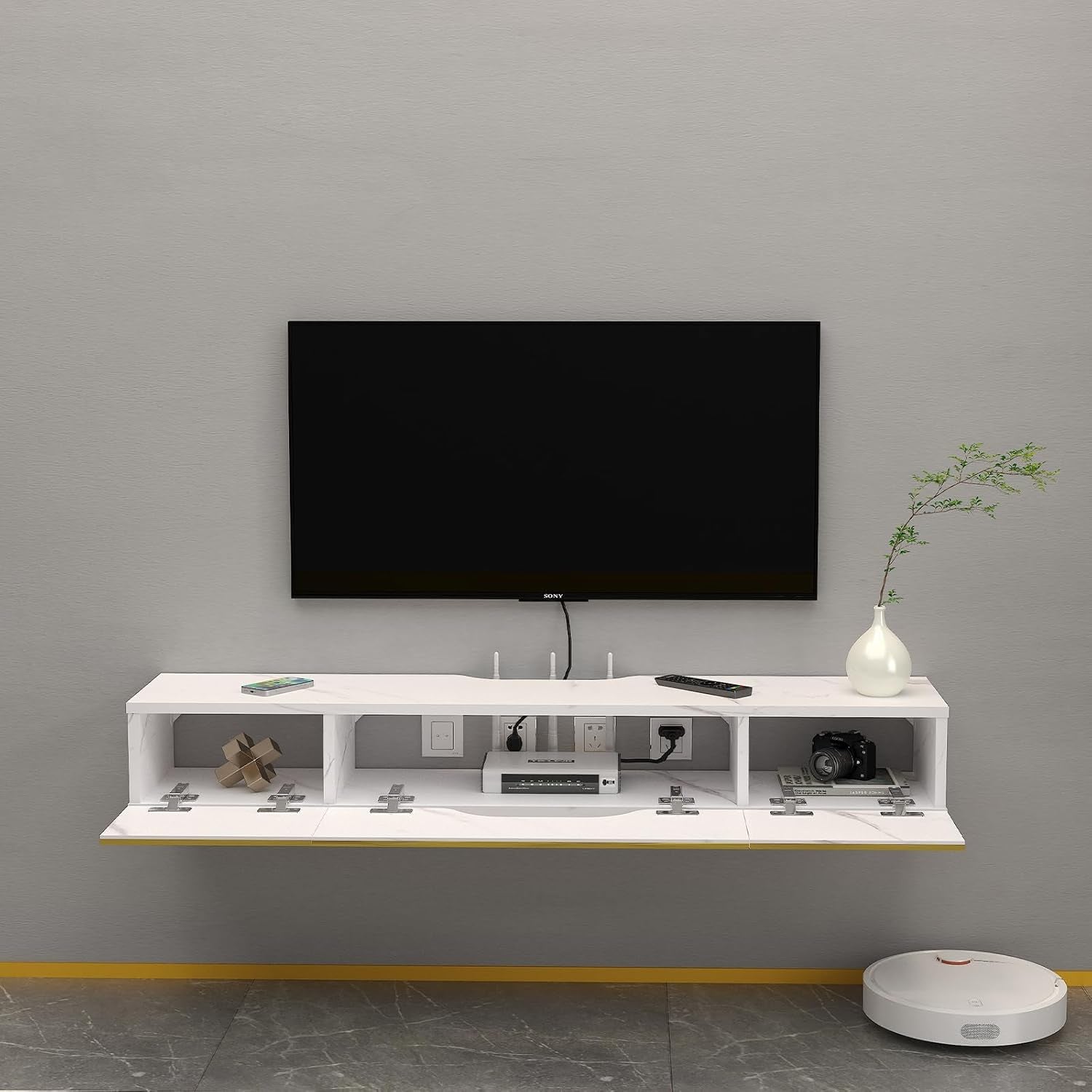 Floating TV Shelf with 3 Doors, 47'' Wall Mounted Wood Floating TV Console Entertainment Media Shelf TV Wall Unit with Storage for Bedroom Living Room(White)