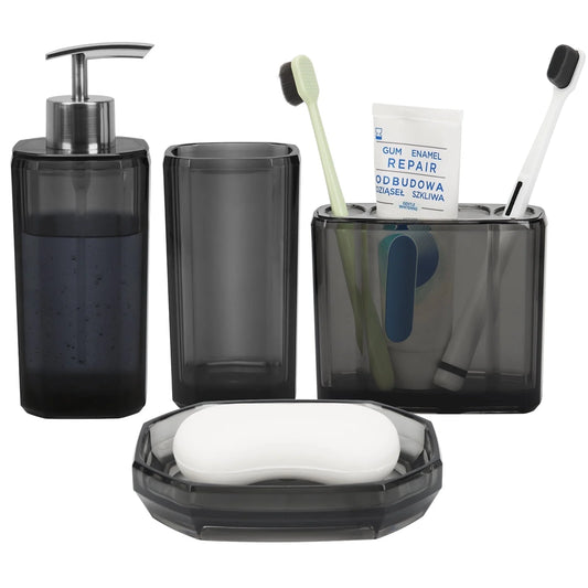 Bathroom Accessories Set, 4Pcs Elegant Acrylic Bathroom Decor, Grey Vanity Storage, Lotion Soap Dispenser, Soap Dish, Toothbrush Holder, Acrylic Tumbler, Home Essentials for Women