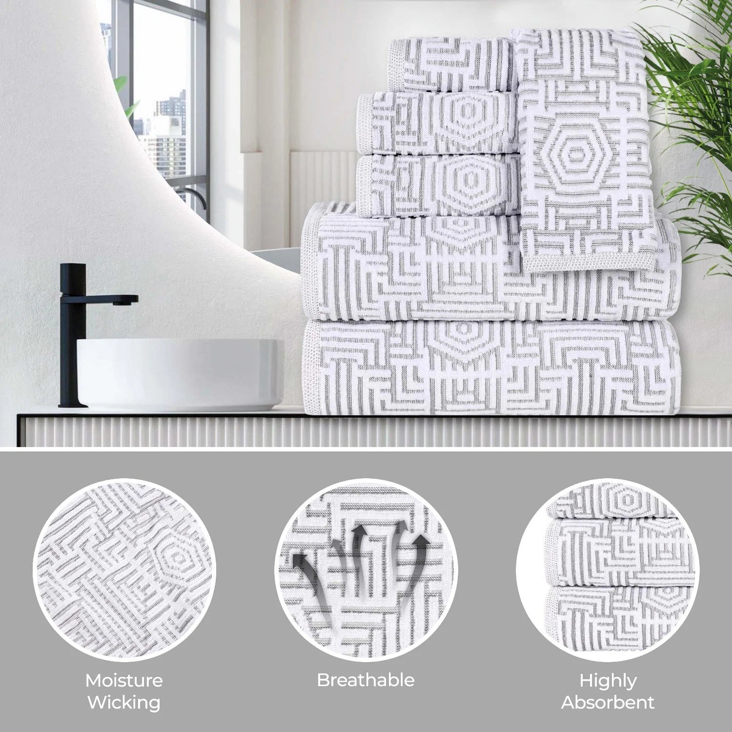 Cotton Modern Jacquard 3-Piece Towel Set, Platinum