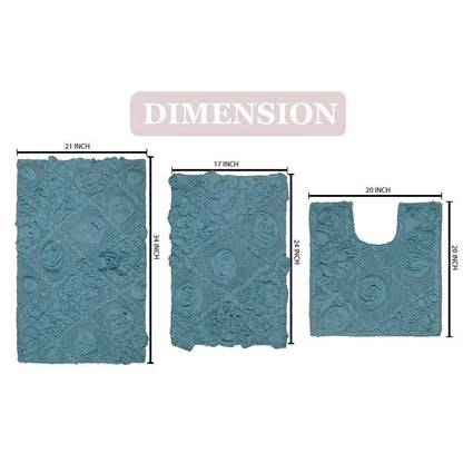 Modesto Bath Rug 100% Cotton Bath Rugs Set, 3-Pcs Set with Contour, Blue