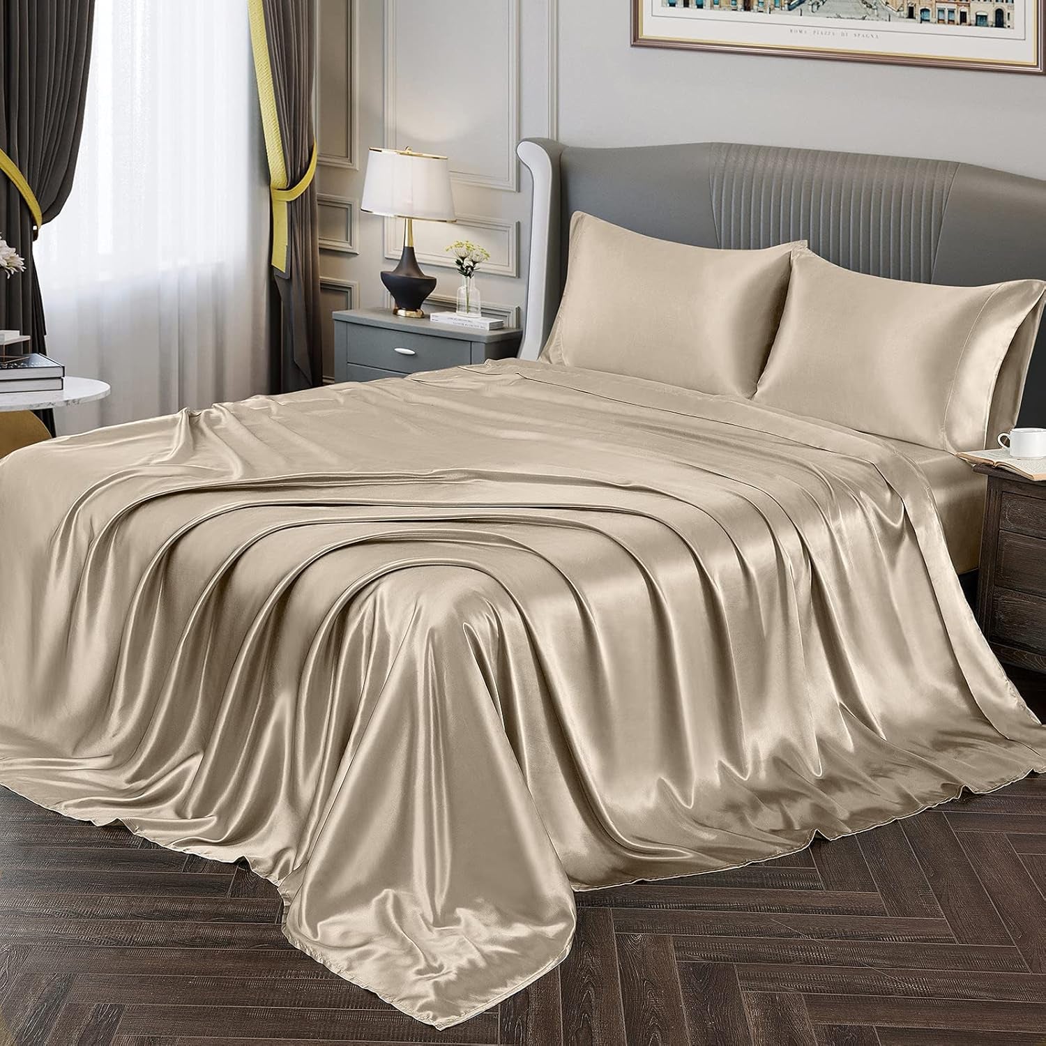 Satin Sheets Queen Size Silky Soft Satin Bed Sheets Taupe Satin Sheet Set, 1 Deep Pocket Fitted Sheet + 1 Flat Sheet + 2 Pillowcases