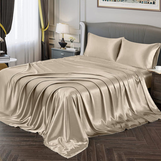 Satin Sheets Queen Size Silky Soft Satin Bed Sheets Taupe Satin Sheet Set, 1 Deep Pocket Fitted Sheet + 1 Flat Sheet + 2 Pillowcases