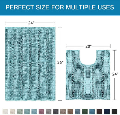 Bathroom Rugs Bath Rug Set 2 Piece Bathroom Contour Rug Toilet Mat Sets Non Slip Contour Bath Rug Ultra Thick Water Absorbent Striped Bath Mats(36" X 24" plus 20" X 24" U, Aqua Haze)