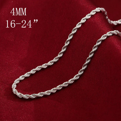925 Sterling Silver Necklace 4Mm Silver Chain Twisted Rope and Chain Men and Women Jewelry Gift
