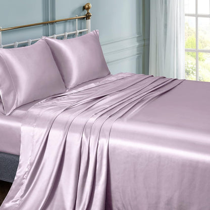 Satin Sheets Full Size Set - Luxury Lavender Satin Sheet Set, Fitted with Deep Pockets + Flat Sheet + 2 Pillowcases