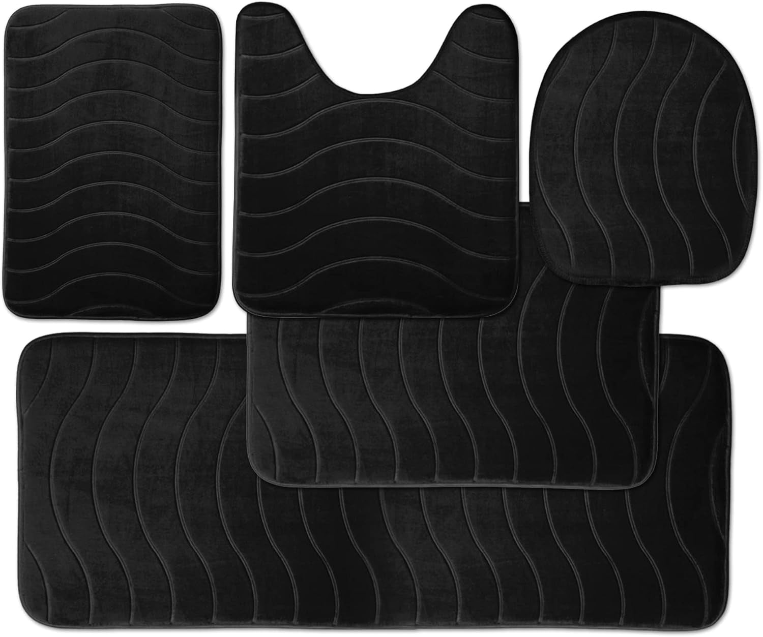 5-Piece Bathroom Rug Set - Memory Foam Bath Mat, Non-Slip, Machine Washable, Ultra-Soft, Water Absorbent, Black