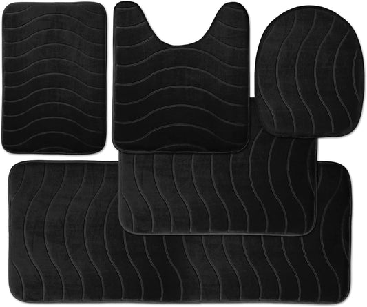 5-Piece Bathroom Rug Set - Memory Foam Bath Mat, Non-Slip, Machine Washable, Ultra-Soft, Water Absorbent, Black