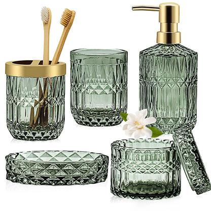 5Pcs Bathroom Accessories Set, Modern Glass Bathroom Accessories with Lotion Soap Dispenser, Soap Dish, Toothbrush Holder, Tumbler, Cotton Swab Jars, Perfect for Bathroom Theme Gift,Green