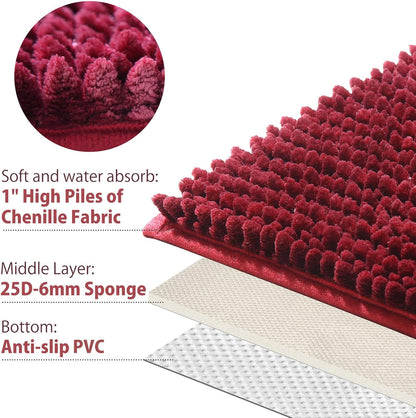 Bathroom Rugs Set - 2 Piece Butter Chenille Bath Rugs with Non Slip Backing, Super Absorbent Thick Soft Plush Bath Mats for Bathroom, Tub, Shower (Burgundy, 20"X32" / 17"X24")