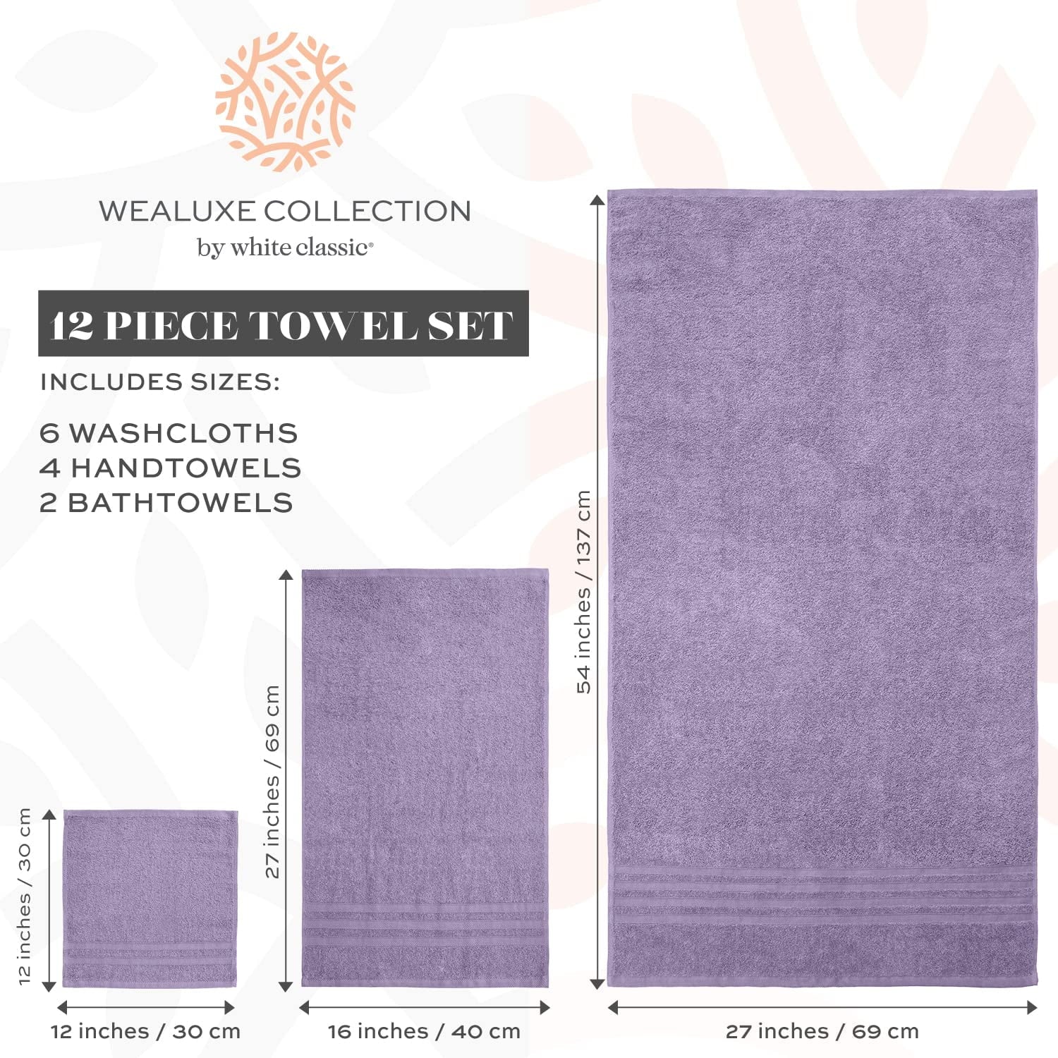 12 Piece Bath Towel Set for Bathroom - Wealuxe Collection 2 Bath Towels, 4 Hand Towels, 6 Washcloths 100% Cotton Soft and Plush Highly Absorbent, Soft Towel for Hotel & Spa - Lavender