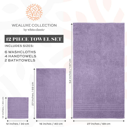 12 Piece Bath Towel Set for Bathroom - Wealuxe Collection 2 Bath Towels, 4 Hand Towels, 6 Washcloths 100% Cotton Soft and Plush Highly Absorbent, Soft Towel for Hotel & Spa - Lavender