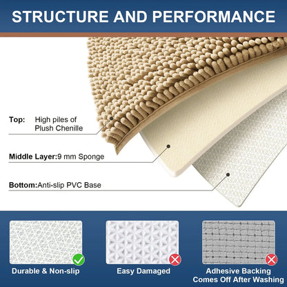 Luxury Chenille Bathroom Rugs, Extra Soft and Absorbent Bath Mat, Beige, 17"X47"