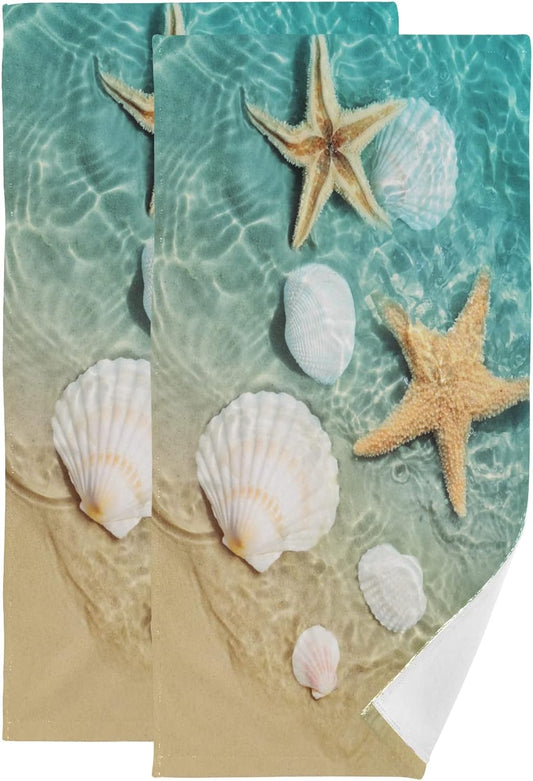 Starfish and Seashell Face Towel Set of 2, Summer Hand Towel Dish Towels Beach Towels Bath Kitchen Decor Set, 30X15